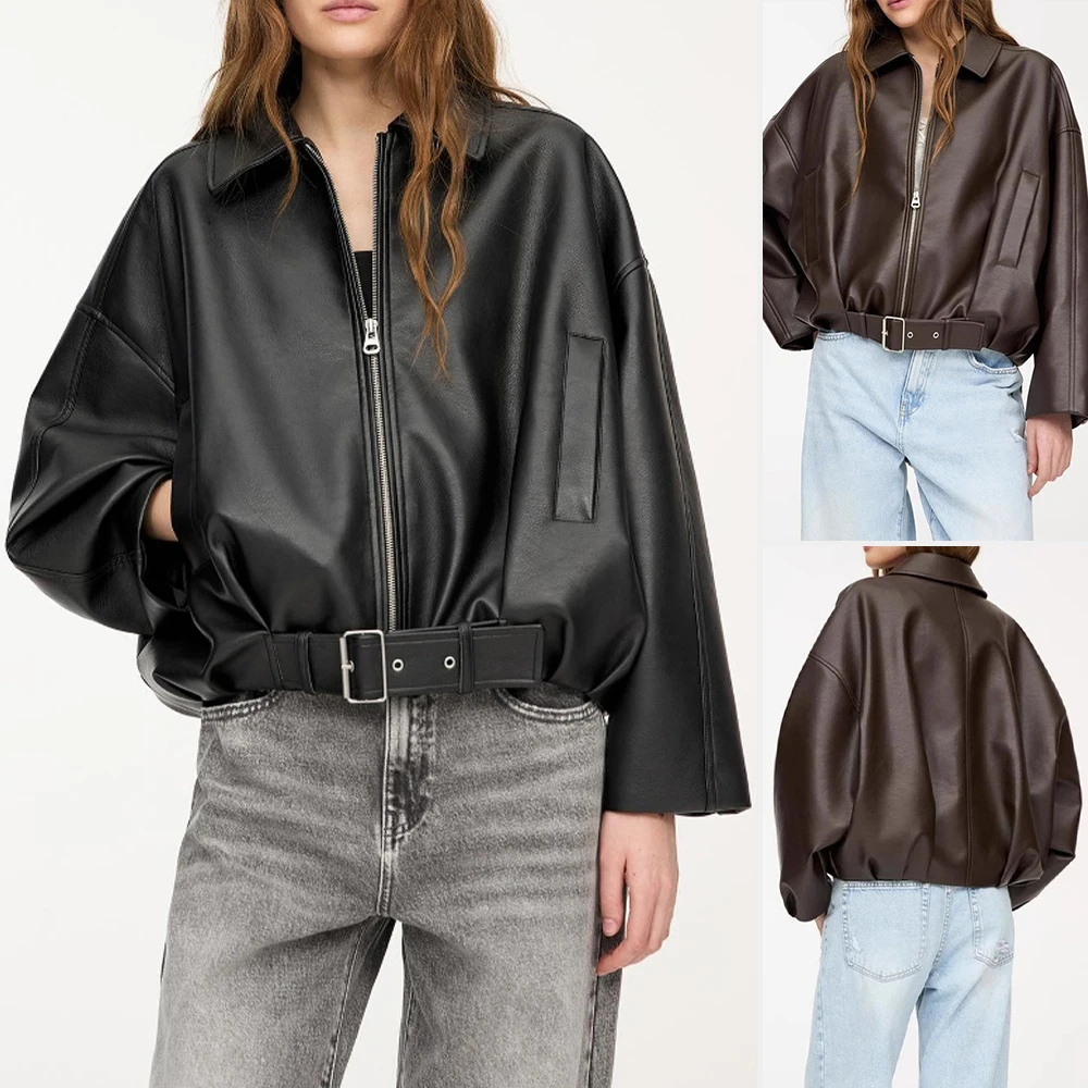 

Женская осенне-зимняя ретро американская шикарная куртка-бомбер, повседневная модная уличная одежда из искусственной кожи, повседневный базовый топ