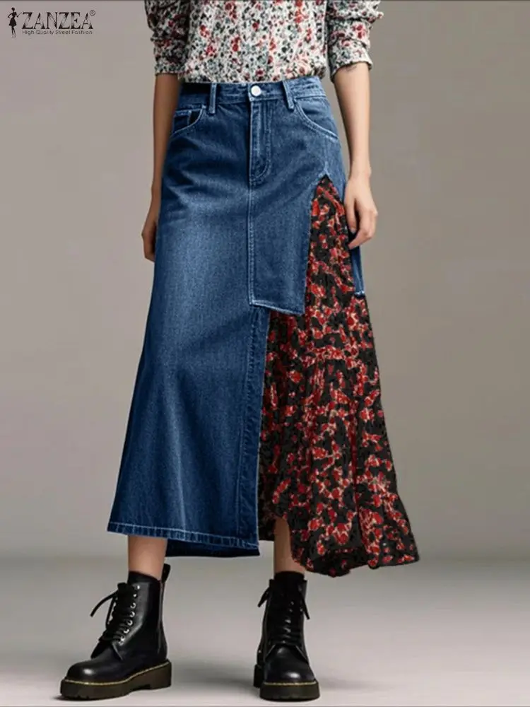 

ZANZEA женские осенние модные макси-юбки 2025 джинсовые лоскутные длинные юбки с цветочным принтом повседневные свободные элегантные OL Jupes Faldas Saia