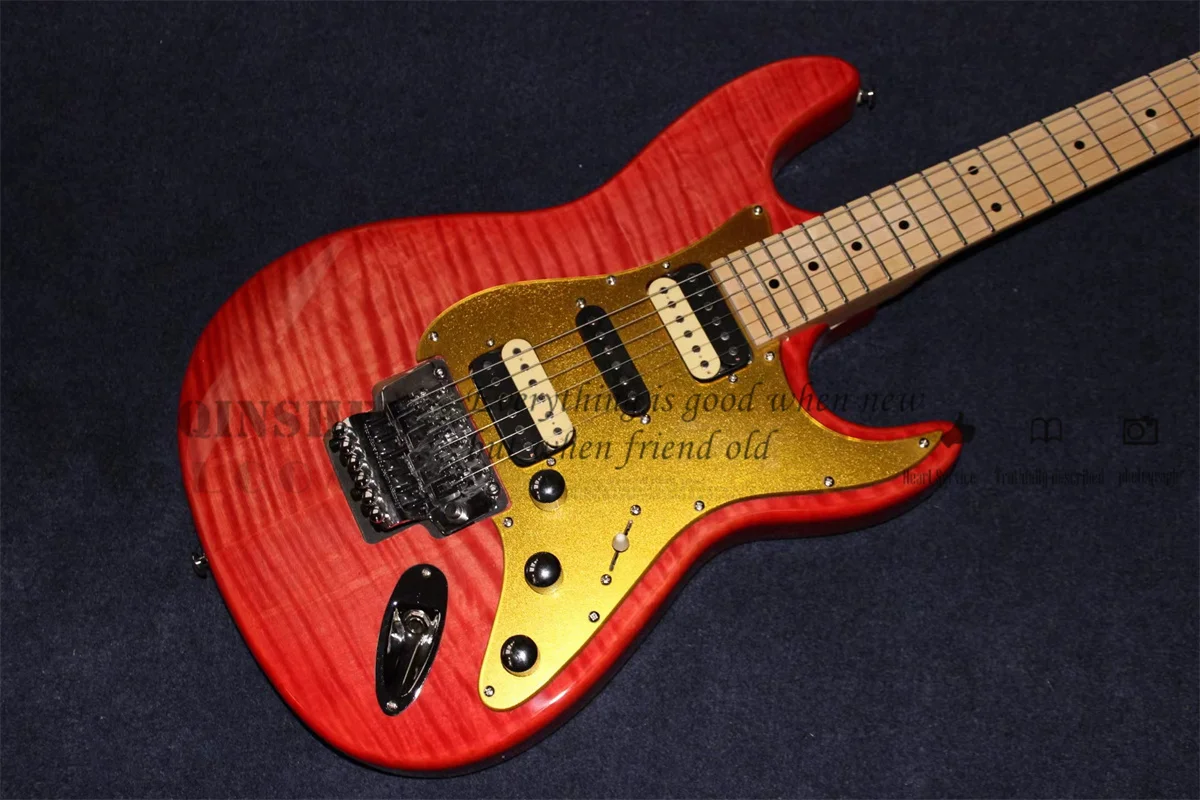 Red Electric Guitar Stra Guitar Basswood Body Flamed Maple Top  Maple Fingerboard Tremolo Bridge Gold Mirror Pickguard