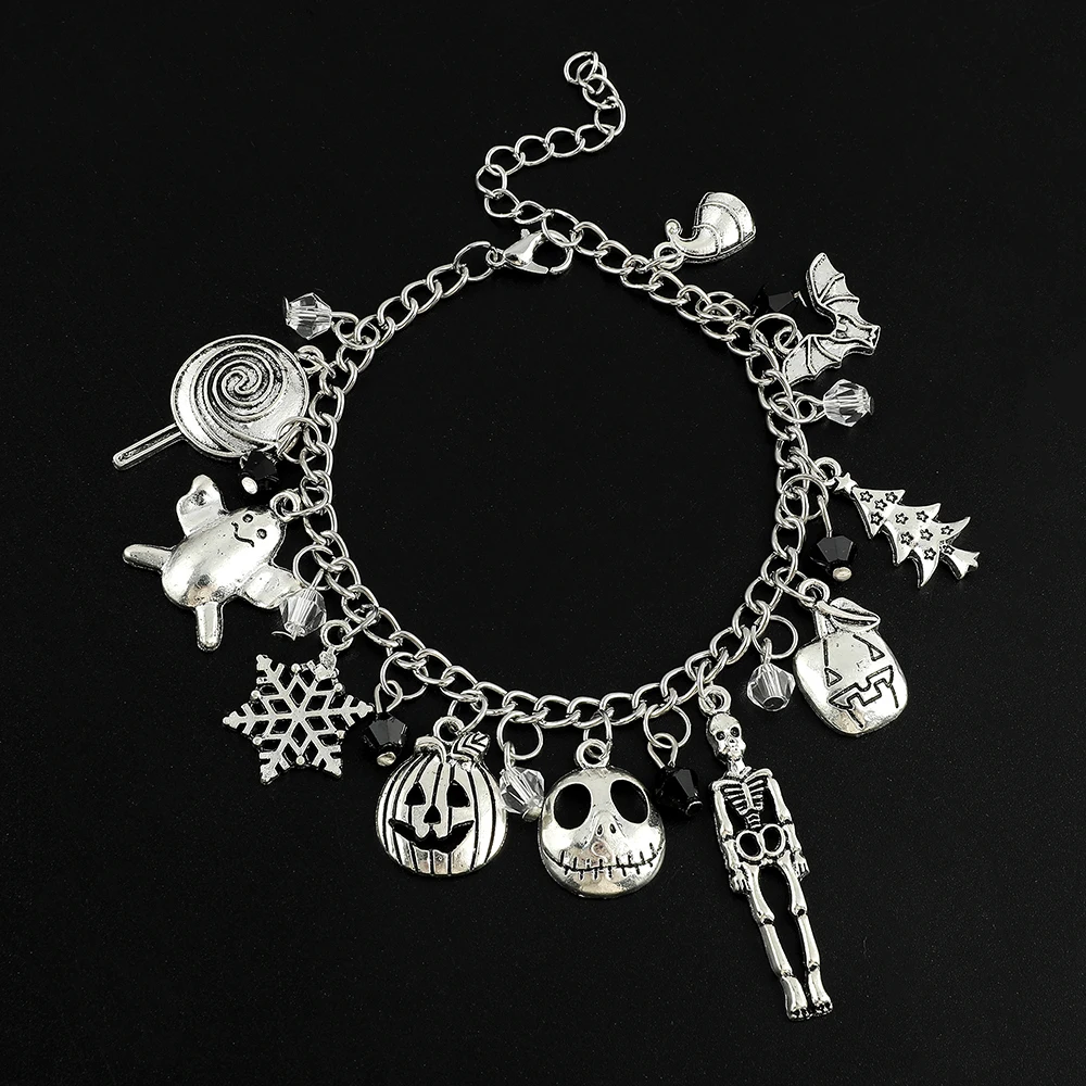 Pulsera Vintage chapada en plata para mujer, accesorios de fiesta, película de Disney, pesadilla antes de Navidad, Jack Skellington