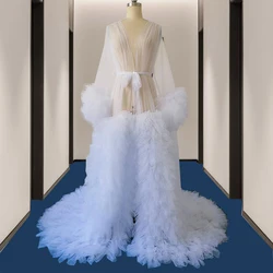 Luxury Puffy Tulle Bridal Robe For Women Custom Made Wedding Robe Ruffles Long Dress Boudoir Party Gown Vestidos Free Shipping