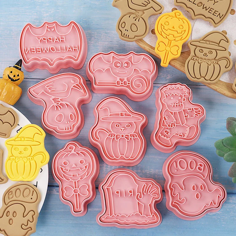 Halloween Cartoon Cookie Molds Set Pumpkin Wizard Plastic Cookie Cutter Frosting Cookie Stamps Baking Tools