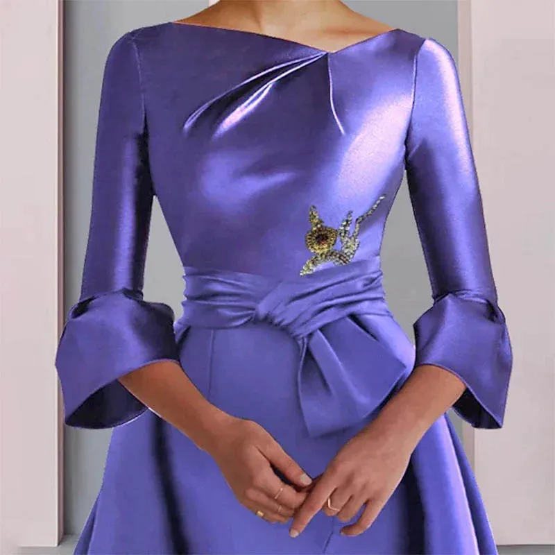 Robe trapèze en satin violet pâle pour la mère de la mariée, robe de soirée élégante avec perles, longueur au sol, robe d'invité de mariage