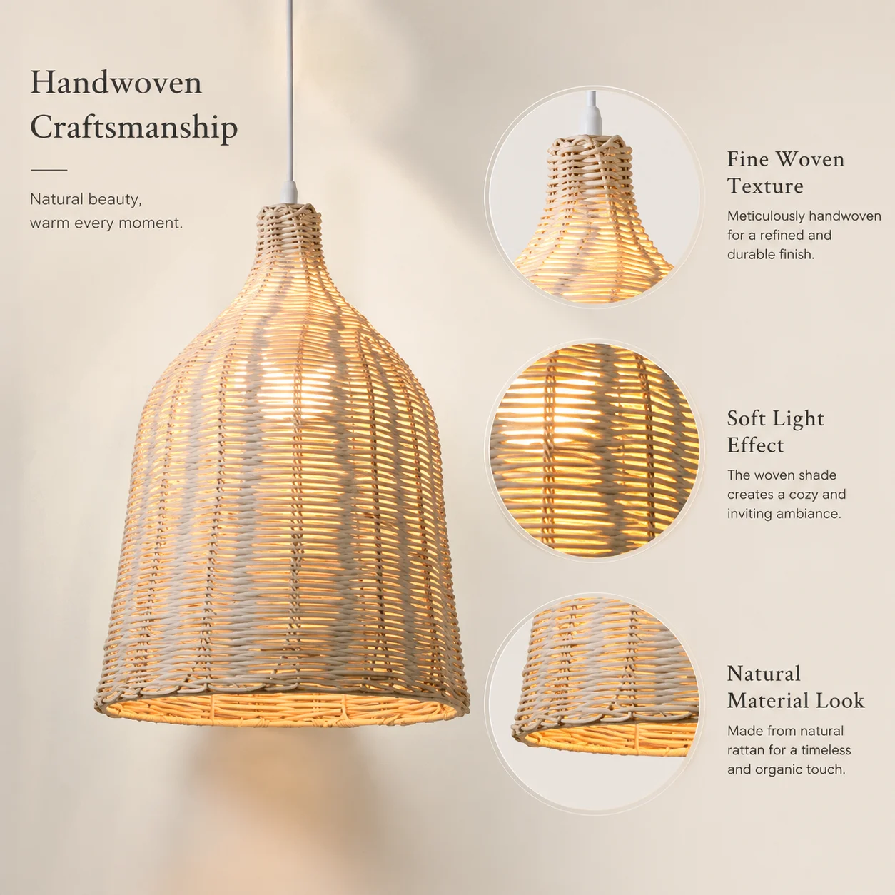 JOYINLED 11.8 * 15.7in Hanging Rattan Chandelier Boho Wicker Pendant Light Handmade Bamboo Hanging Ceiling Lamp Crafts Lampshade