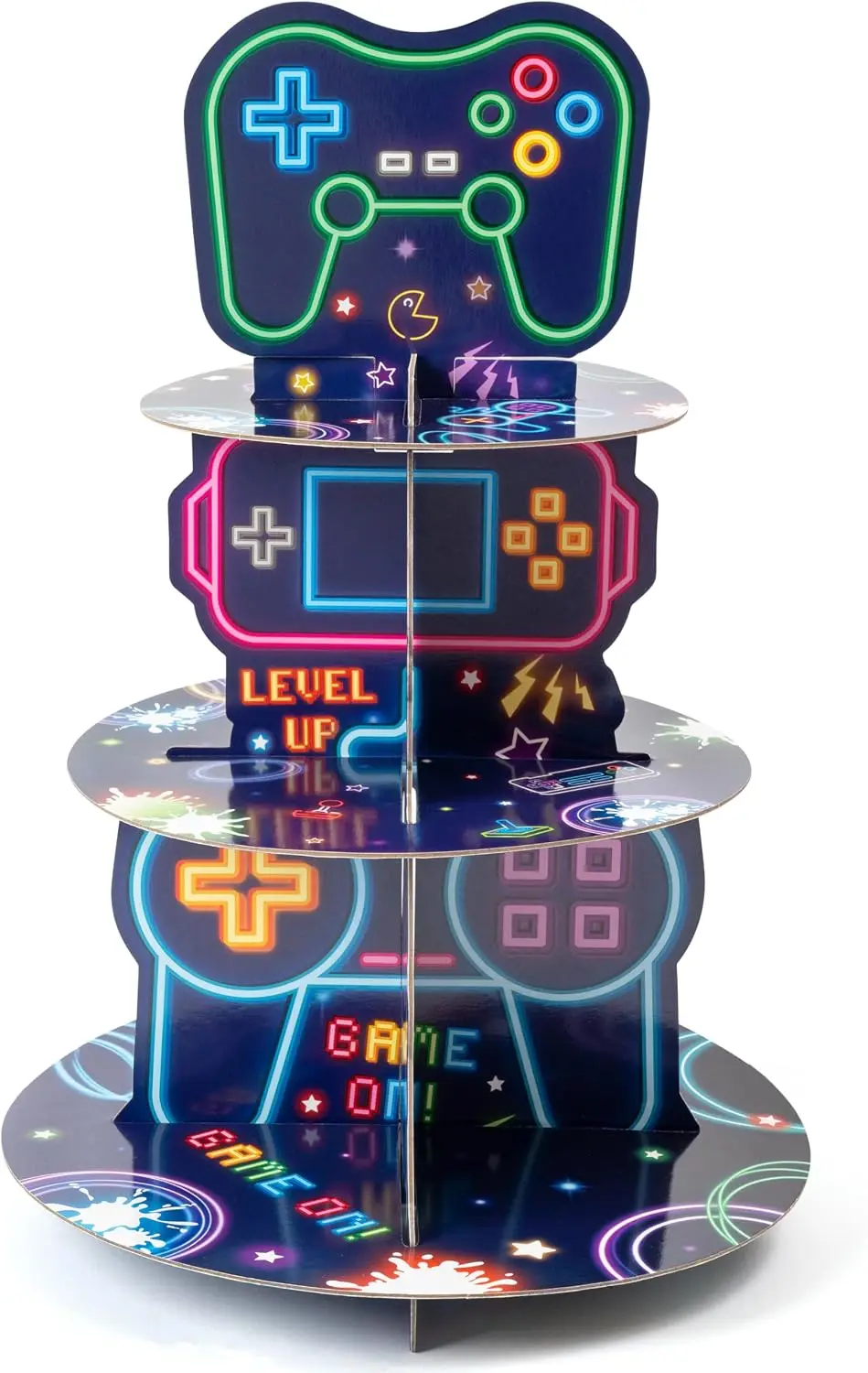 Homiva Store Neon Video Game Cupcake Stand - 3-Tier Glow Video Game Round Cake Stand Cupcake Tower, Gaming Themed Cardboard Dessert Holder Party Decorations for Kids Boys Birthday Party Supplies