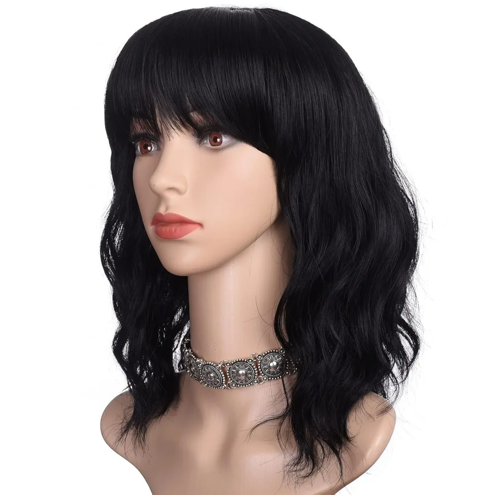 

morvally Short Black Wavy Bob Wig with Bangs for Women 16 Inches Natural Synthetic Hair Wavy Wigs