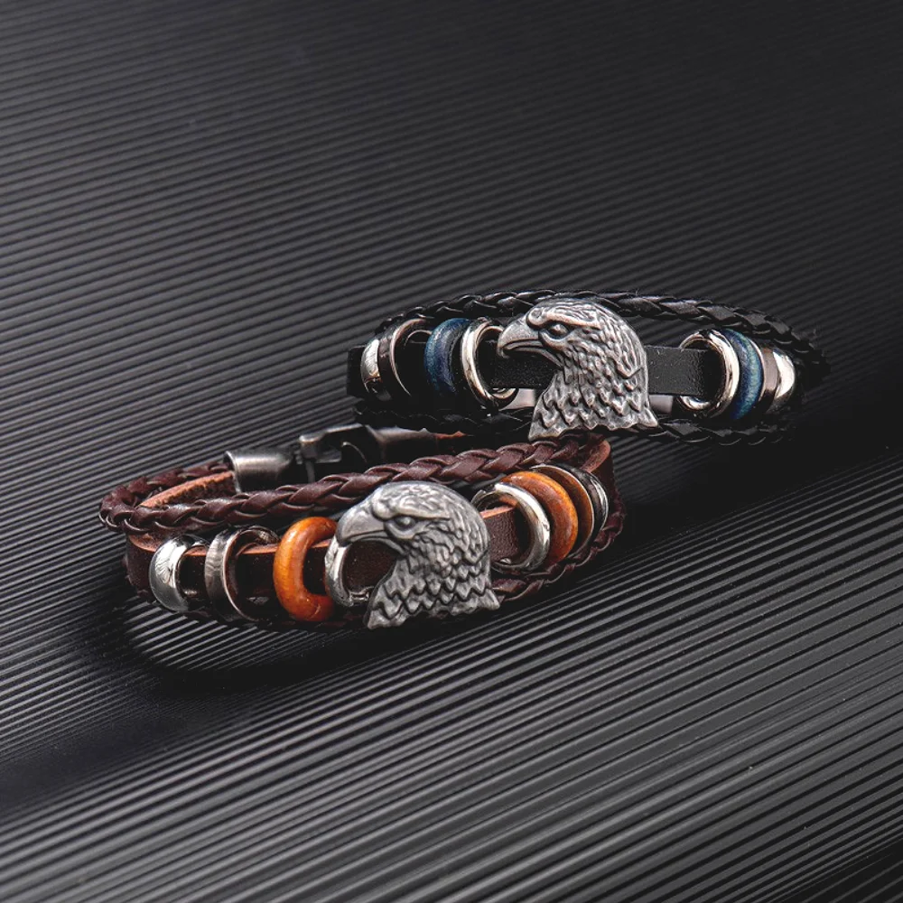 Alloy Eagle Head Design Multilayer Handmade Wove Leather Bracelet Vintage Men Casual Fashion Hand Chian Jewelry Accessory Gift