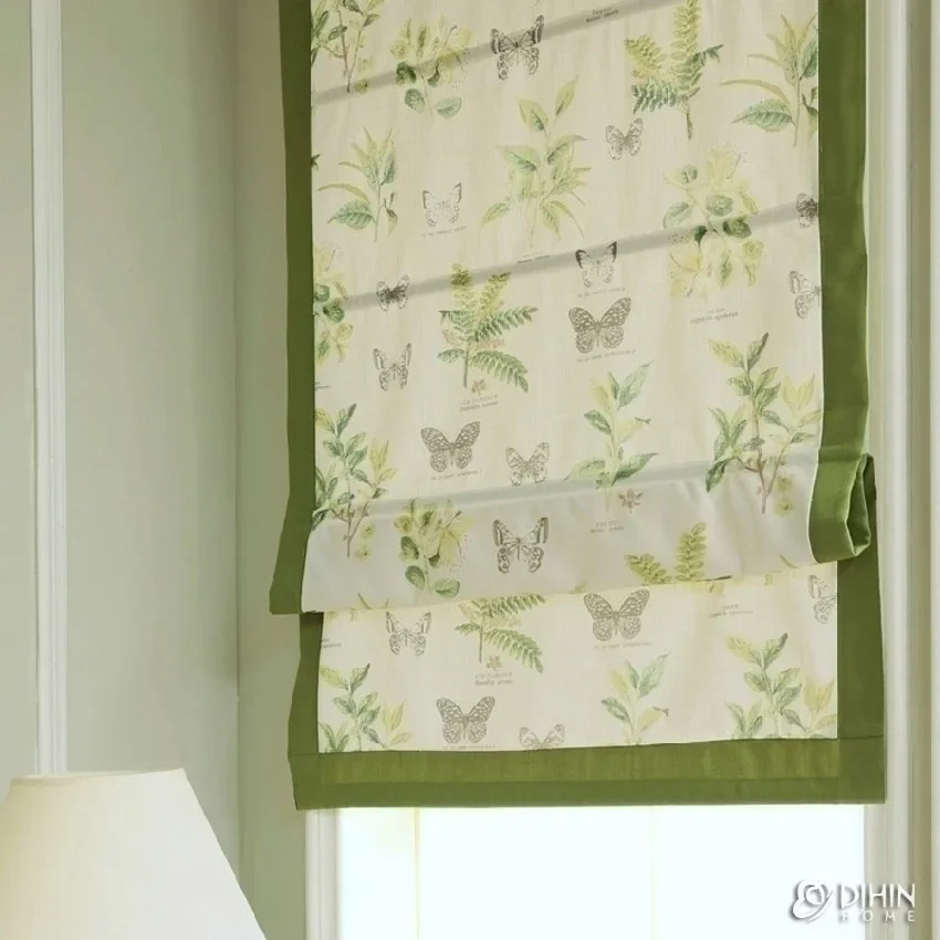 Pastoral Butterfly Printed Custom Made Roman Shades With Green Border Window Drapes For Living Room Included Mechanism