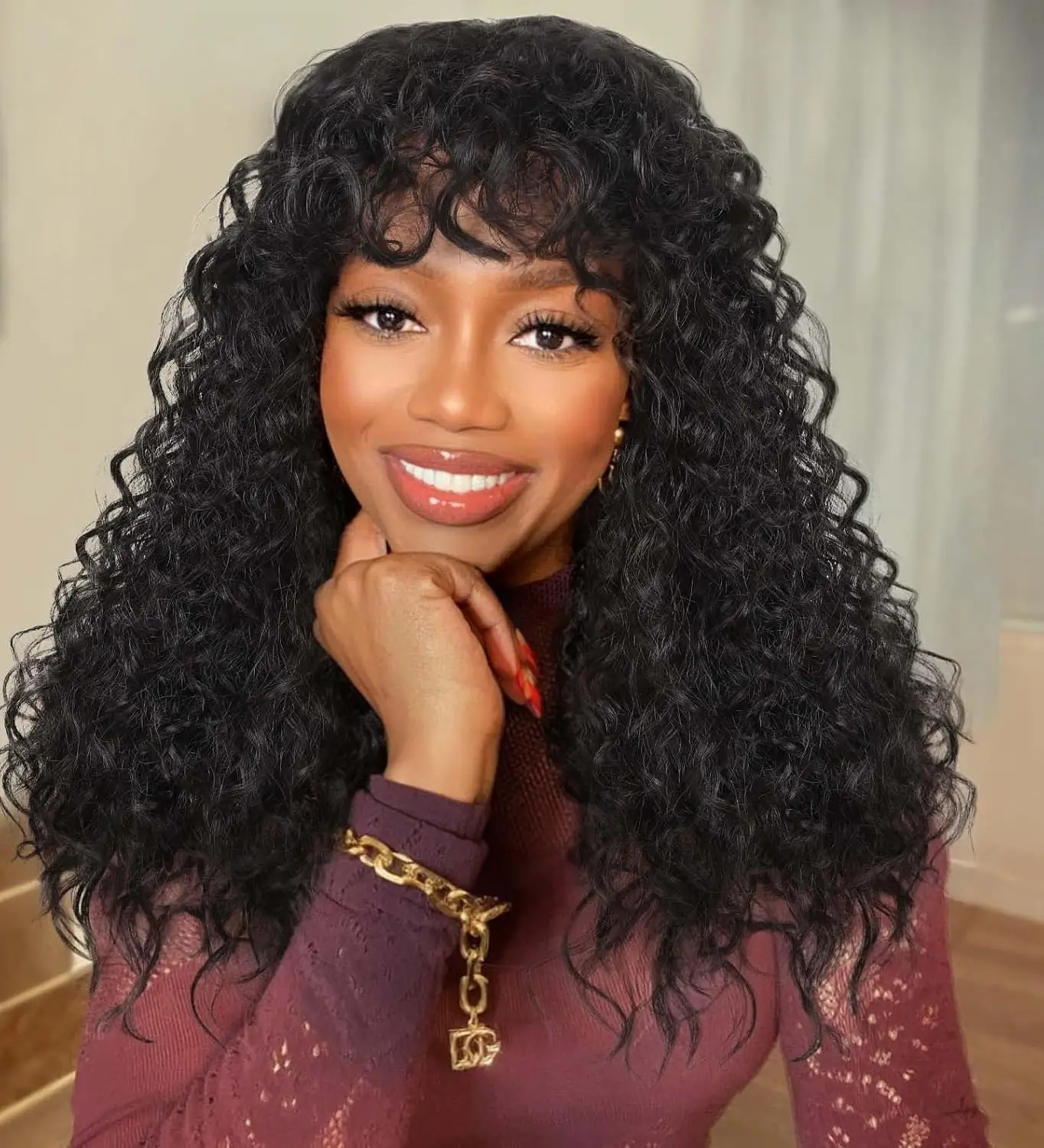 

Fringe Bang Wig With Deep Wave Human Hair Water Wave Natural Deep Curly Brazilian Hair Wigs 180% Density For Women Machine Made