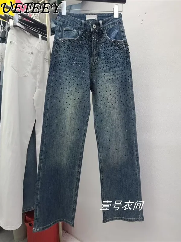 

Весенне-осенние новые женские прямые джинсовые брюки со стразами и высокой талией, модные свободные утягивающие тяжелые свободные джинсы со стразами