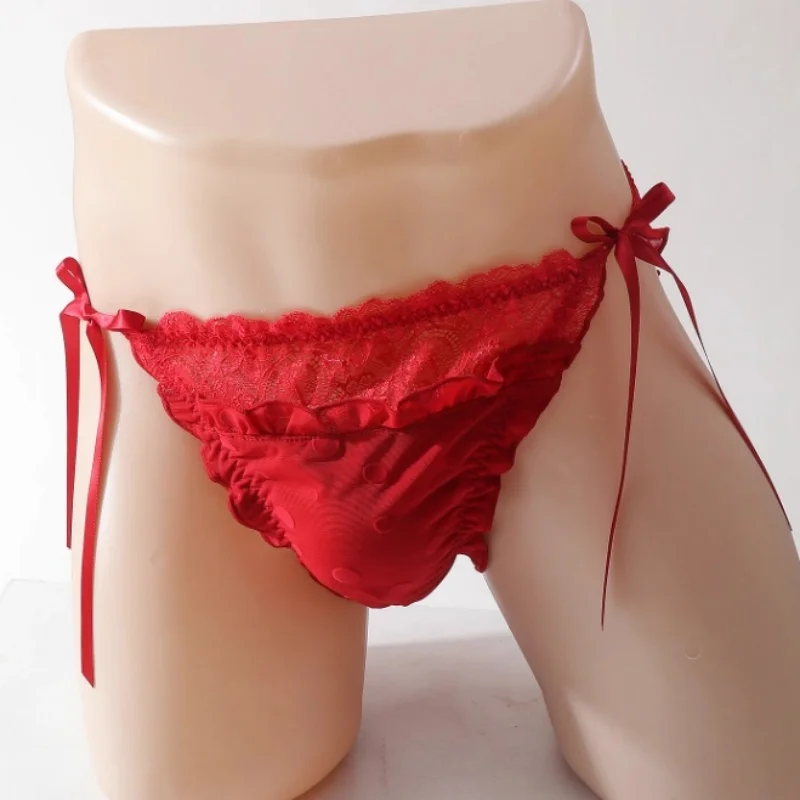 

Mesh Sheer Men's Red Lace Sexy Briefs Tie-Up Ruffled Bow Sissy Panties Live Show Dance Harajuku Stage Costumes FKK Party BF Gift