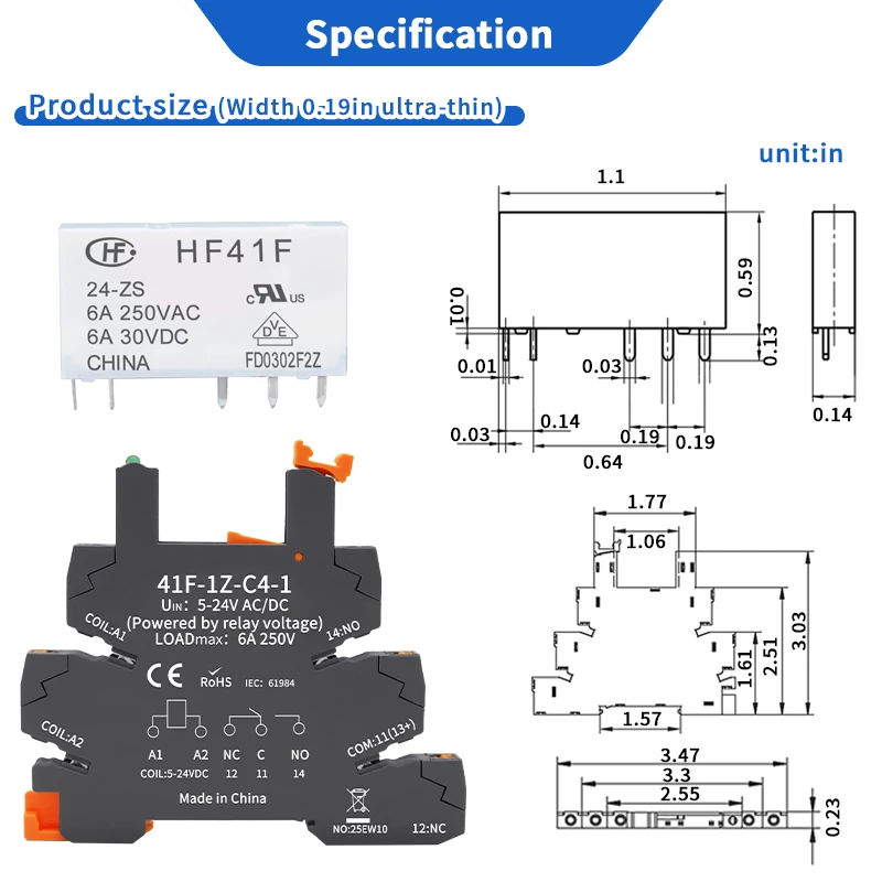 10PCS DIN Rail Relay Module HF 41F With LED 6A Slim Relay 5V 12V 24V High Frequency Relay 41F-5-ZS 41F-12-ZS 41F-24-ZS