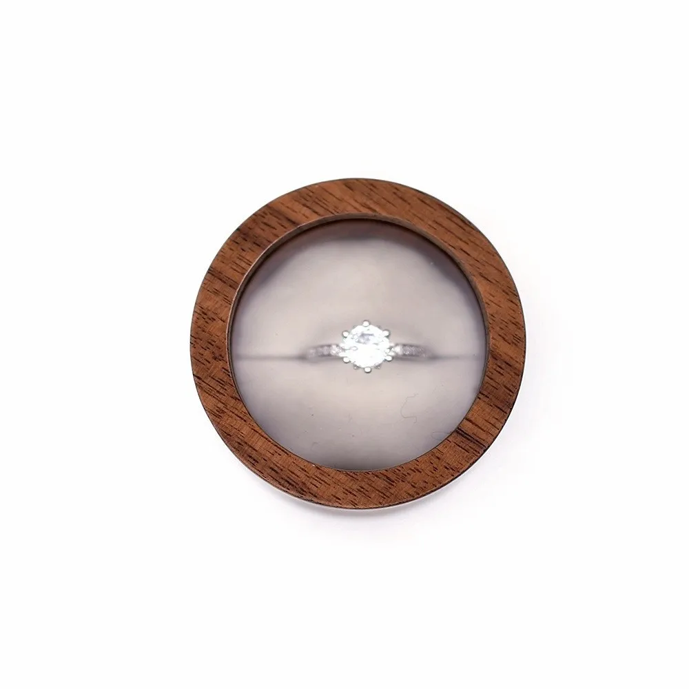New Wooden Round Ring Box Portable Brown Wedding Rings Box Transparent Cover Ring Display Boxs Jewelry Storage
