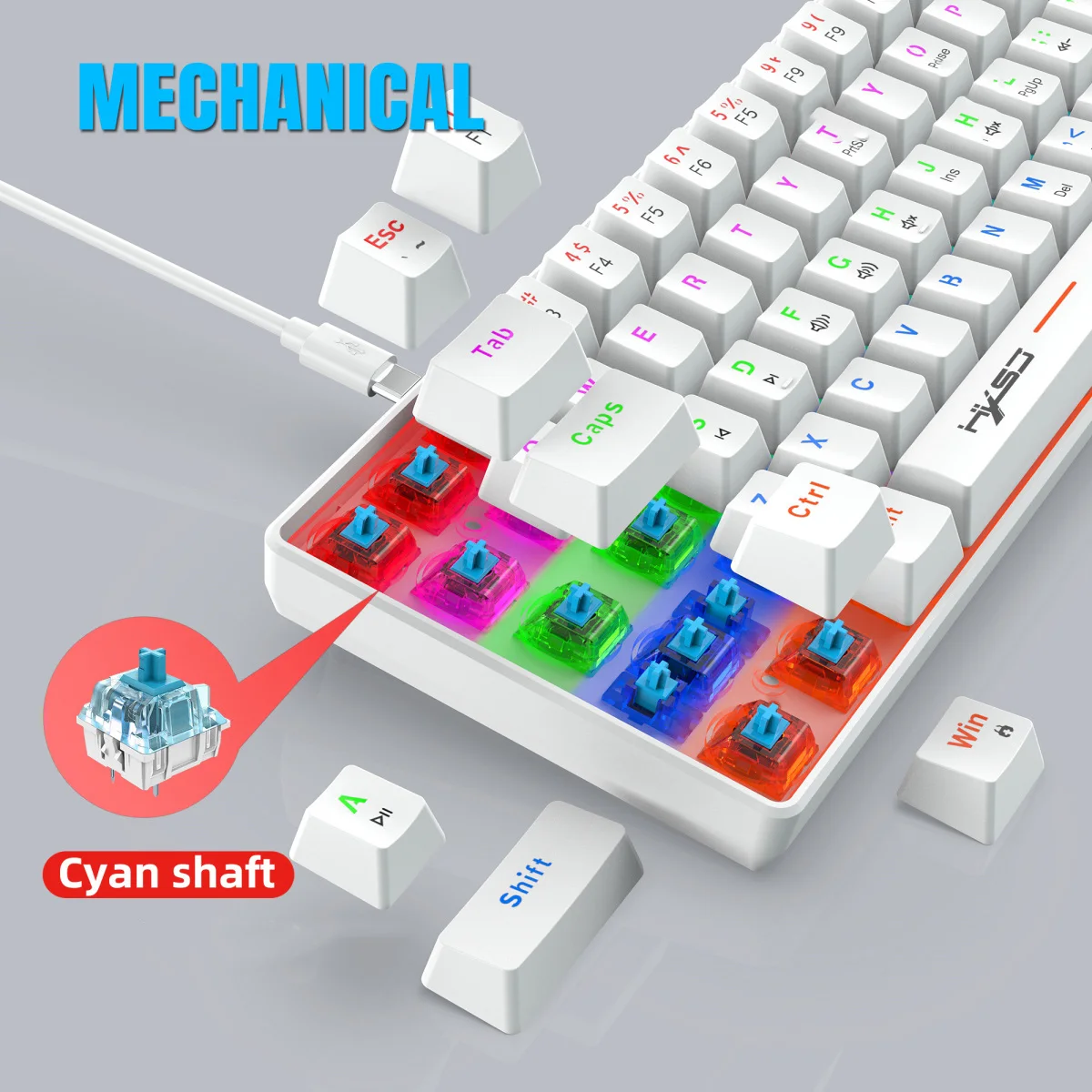 Imagem -06 - Hxsj-plug-and-play Teclado Mecânico com Fio 61 Key Blue Axis Usb-c Separação de Cabos Gaming Office Keyboard pc