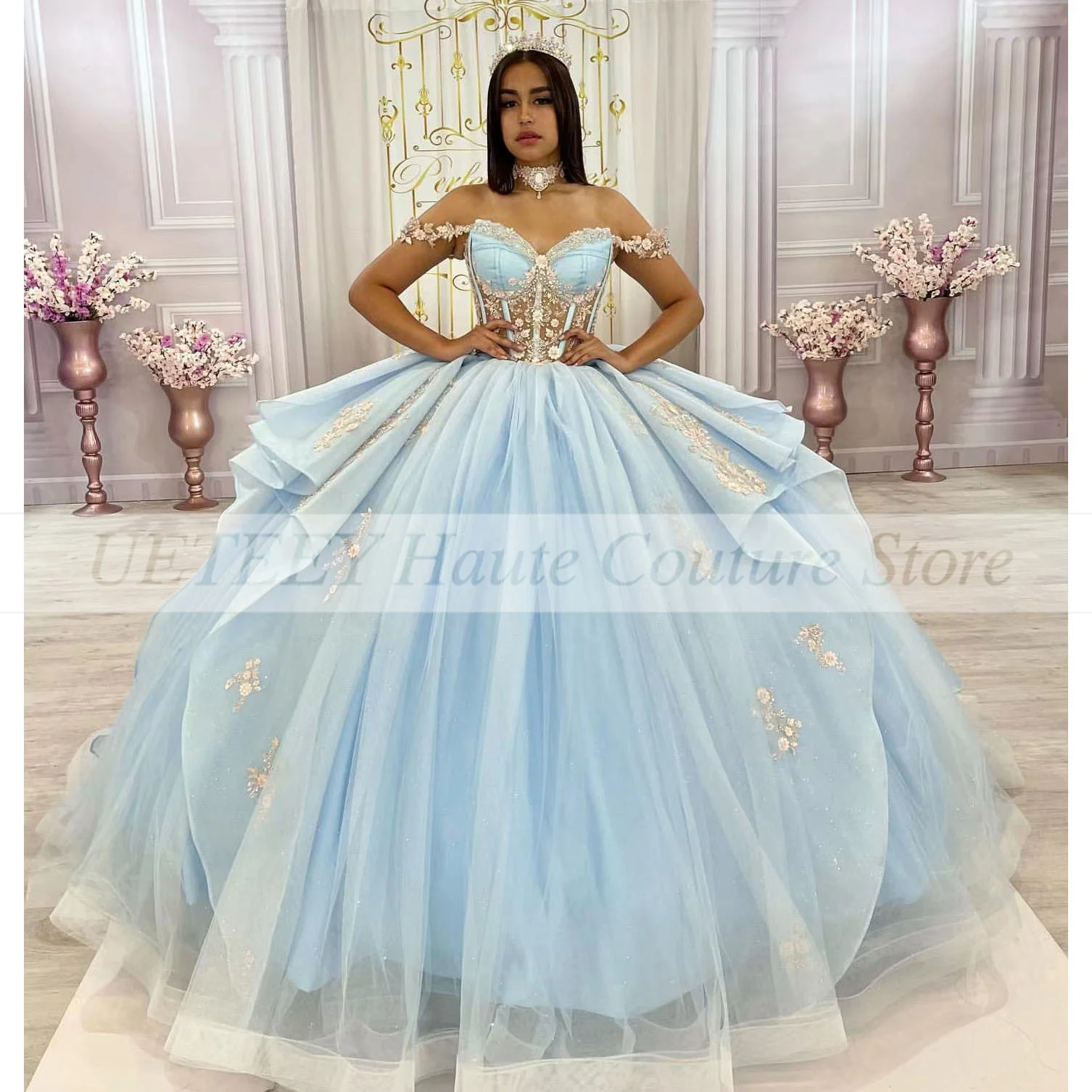 New Light Blue Quinceanera Jurk Baljurken Voor Sweet Girl Applicaties Kralen Verjaardag Prinses Prom Gown Vestidos De 15 Años