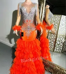 Gorgeous Orange Diamante Mermaid Prom Dress 2024 For Women Shiny Silver Crystal Beaded Fringe Lace Cake Dress Dresses gala