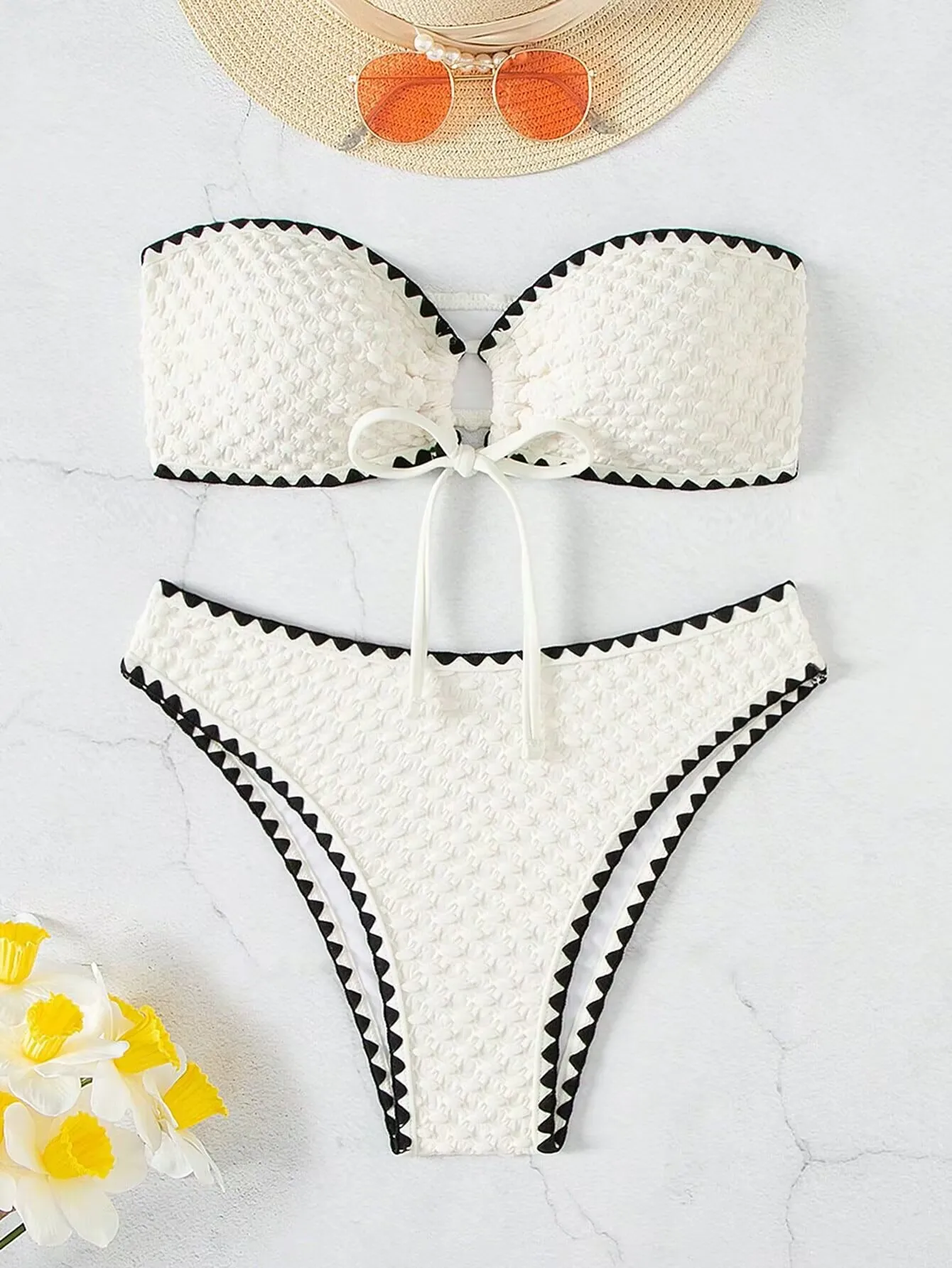 Swimwear White 2 Piece Strapless Swimsuit for Women Sexy Bandeau Backless Bikini Set Lace-up Patchwork Bathing Suit 2025 New