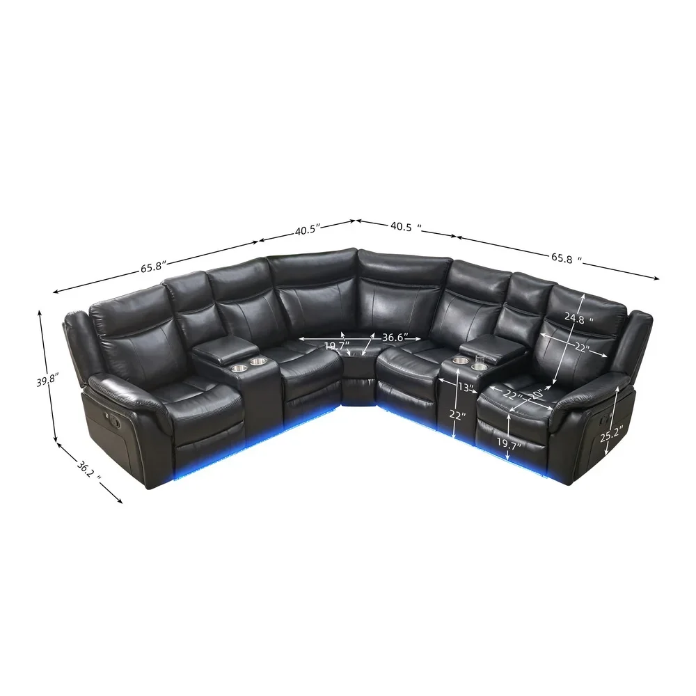 Custom Logo China Supplier Oversize 5 Person Seat Recliner Couch Manual Reclining Sectional Sofa Set with LED Strip view 5