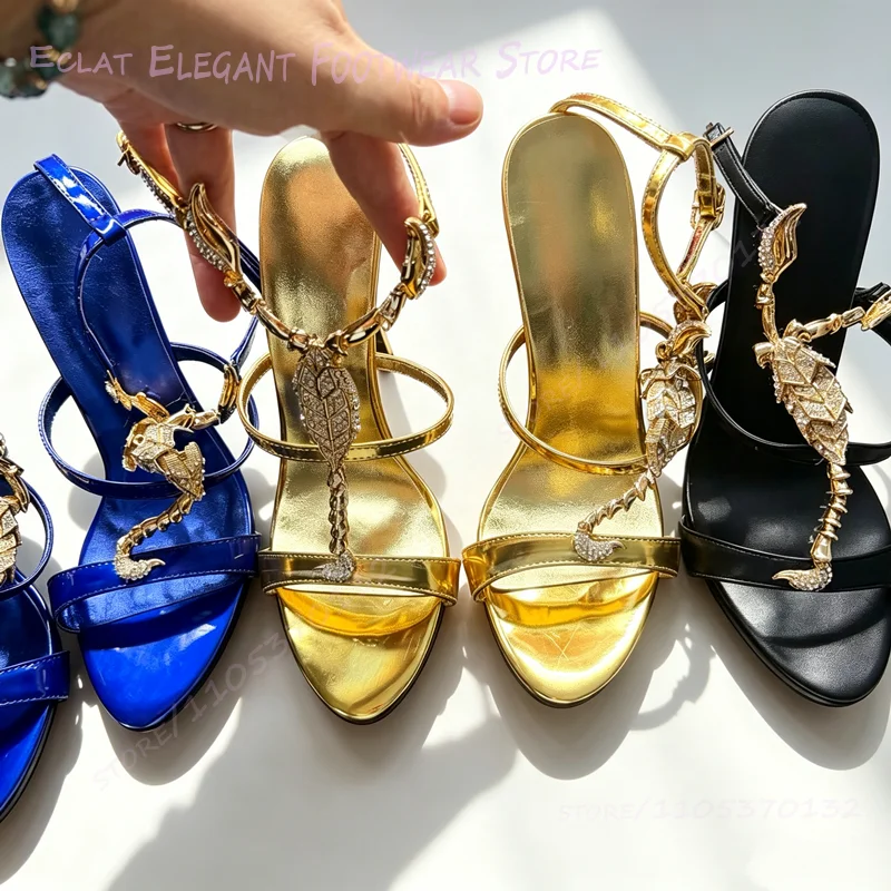 

Gold Crocodile Crystal Tassel Buckle Sandals Blue Leather String Bead Open Stiletto Heels Women Silver Round Slingback Red Shoes