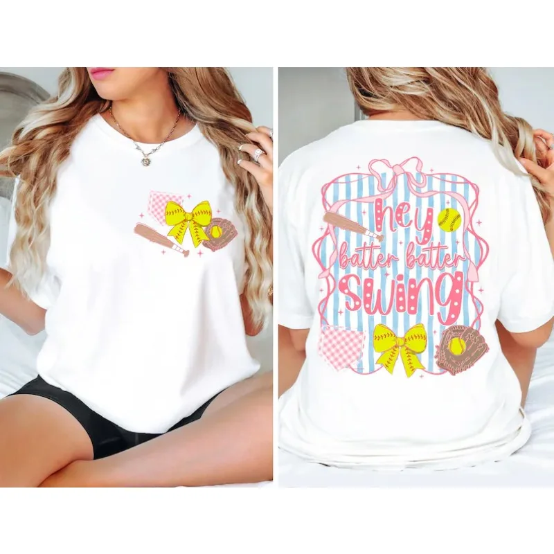Letter Softball Graphic T-Shirt Cute Coquette Bow Baseball Game Day Tee Casual Crew Neck Short Sleeve Top Trendy Sports Shirt
