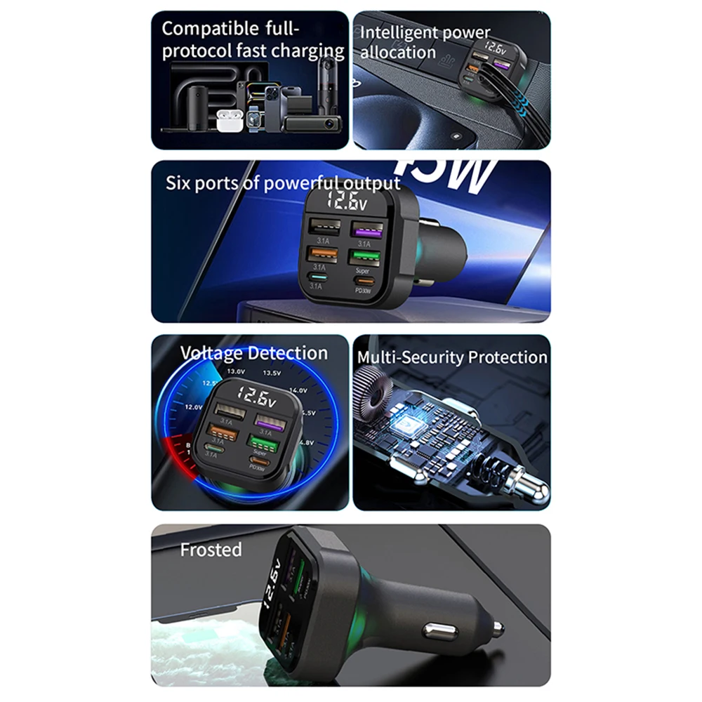 Cargador de coche de 6 puertos de carga rápida PD 30W QC3.0 USB C cargador de teléfono de coche Universal adaptador tipo C en coche para iPhone Samsung Huawei