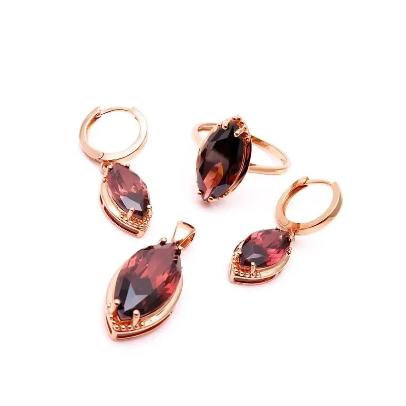 Exquisite New in Marquise Shape Pink Gems Earrings for Women Simple Fashion Copper Plated Rose Golden Earings Jewelry