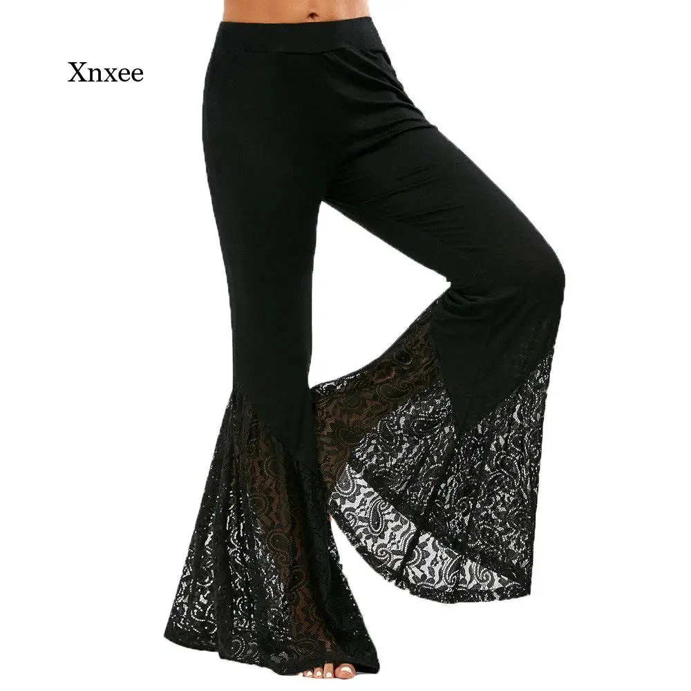 

Women Lace Patchwork Black Pants Sexy Flare Elastic High Waist Office Ladies Fashion Elegant Trousers Slim 2022Summer Female New