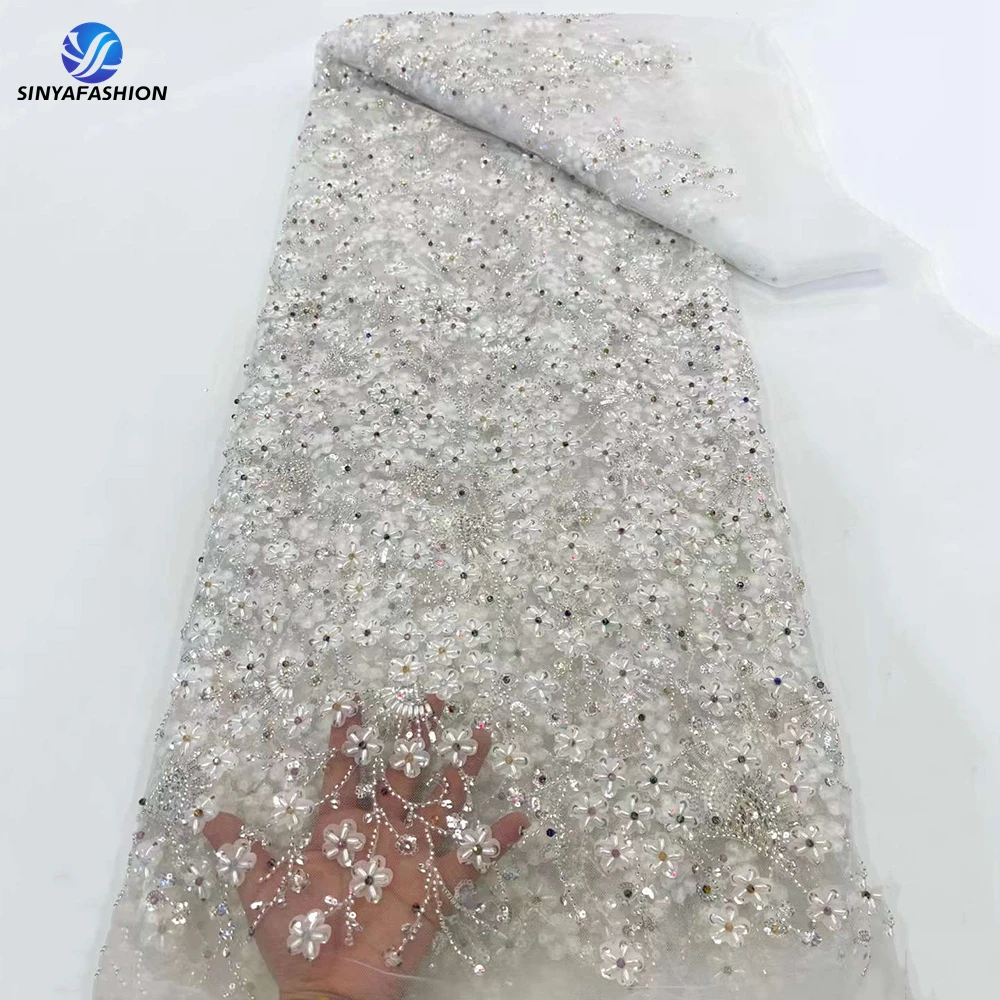 

Sinya White Beautiful Luxury Sequins Beads Bridal Wedding Dress Lace High Quality French Embroidery Tulle Beaded Lace Fabric