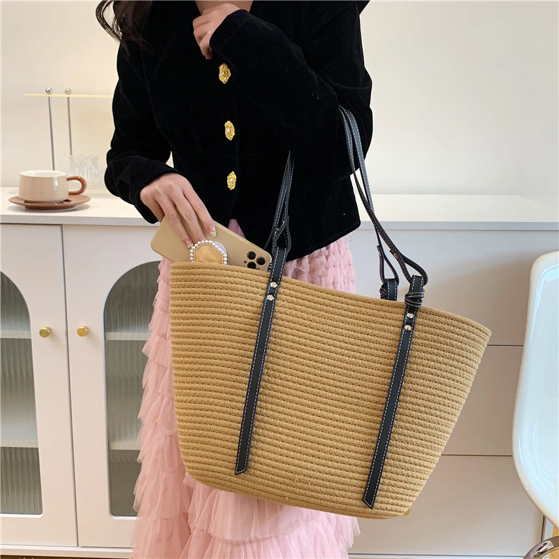 

Large Capacity Women's Fashion New Hot Sell Single Shoulder Straw Woven Bag Simple Casual Ladies Knitting Commute Tote Handbags