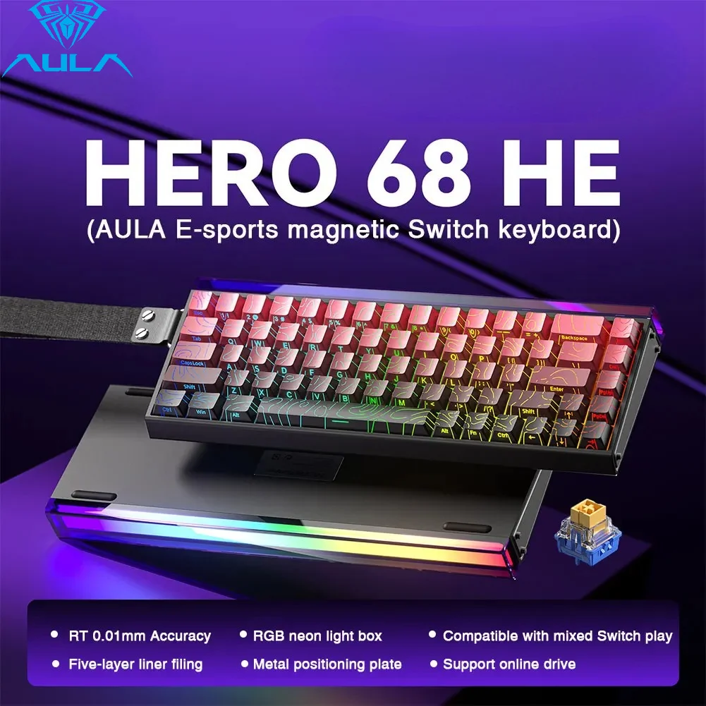  AULA HERO 68 HE Magnetic Switch Keyboard Rapid Trigger 0.1mm RT Hall Effect RGB Wired Gaming Keyboard 8K Polling Rate