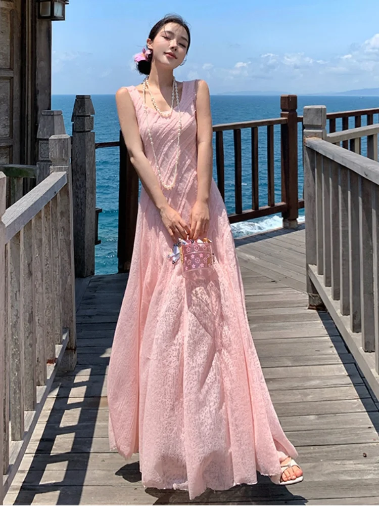 SMTHMA 새 여름 우아한 세련된 핑크 레이스 드레스 여성 한국어 레트로 Vestidos 패션 민소매 오-넥 비치 파티 롱 드레스