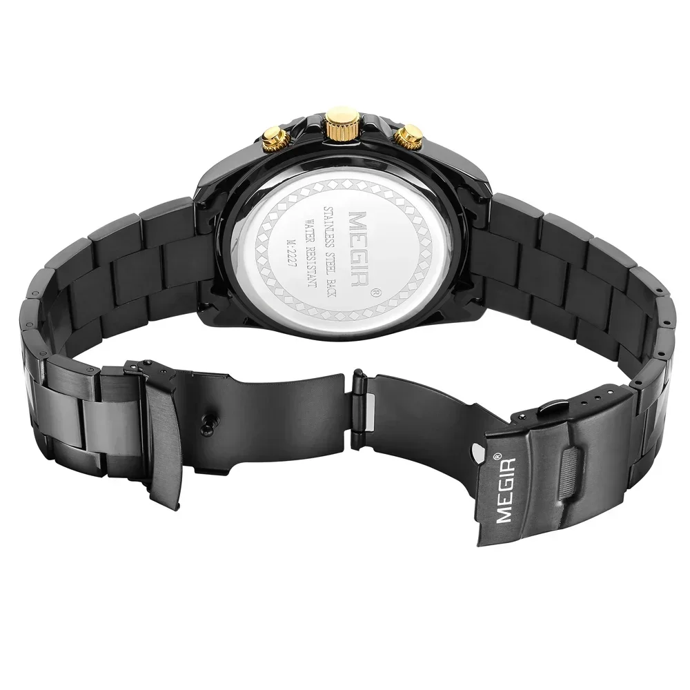 Relojes MEGIR cronógrafo de cuarzo para hombre a la moda con manecillas de diamantes de imitación fecha correa de acero inoxidable reloj de pulsera analógico negro para hombre