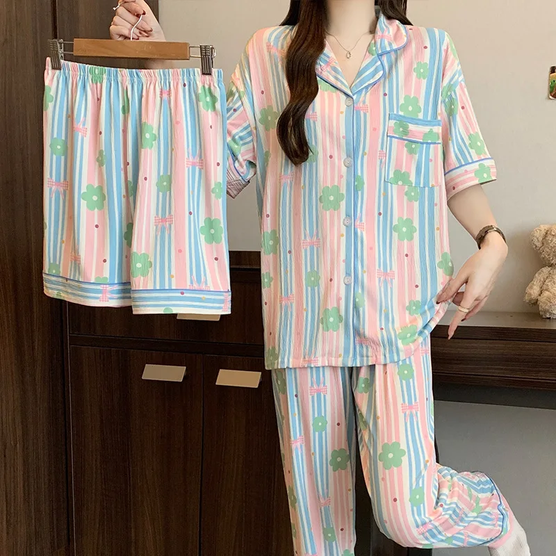 New Striped Women's Spring/Summer Lightweight Crinkled Fabric Short-Sleeve Three-Piece Set with Floral Jacquard—cute Loungewear