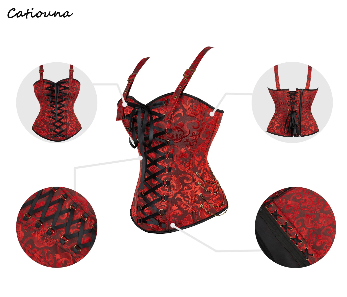 Overbust Corset Top with Straps Jacquard Corset Bustier Plus Size for Women Vintage Medieval Corset Black Red Blue Brown