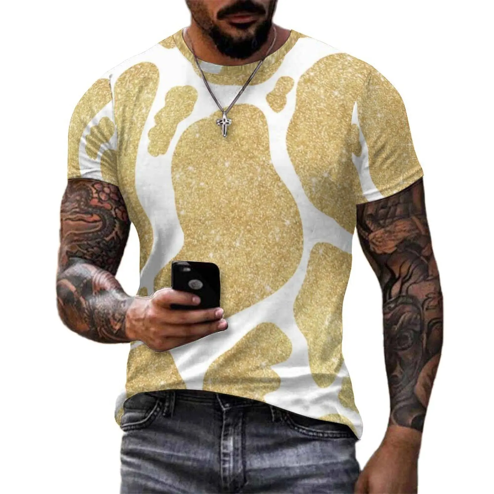 Gold White Cow Print T-Shirt Glitter Cow Spots Vintage T Shirts Man Y2K Tshirt Original Short Sleeve Graphic Clothes Plus Size