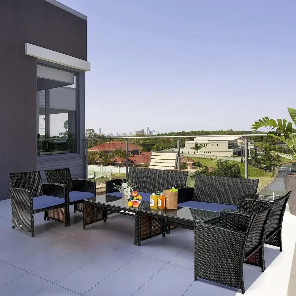8 Pieces Rattan urniture Set, Outdoor Contion Set w/Chair & Loveseat & Tempered Glass Coee Table, Suitable or Garden, Backyard,