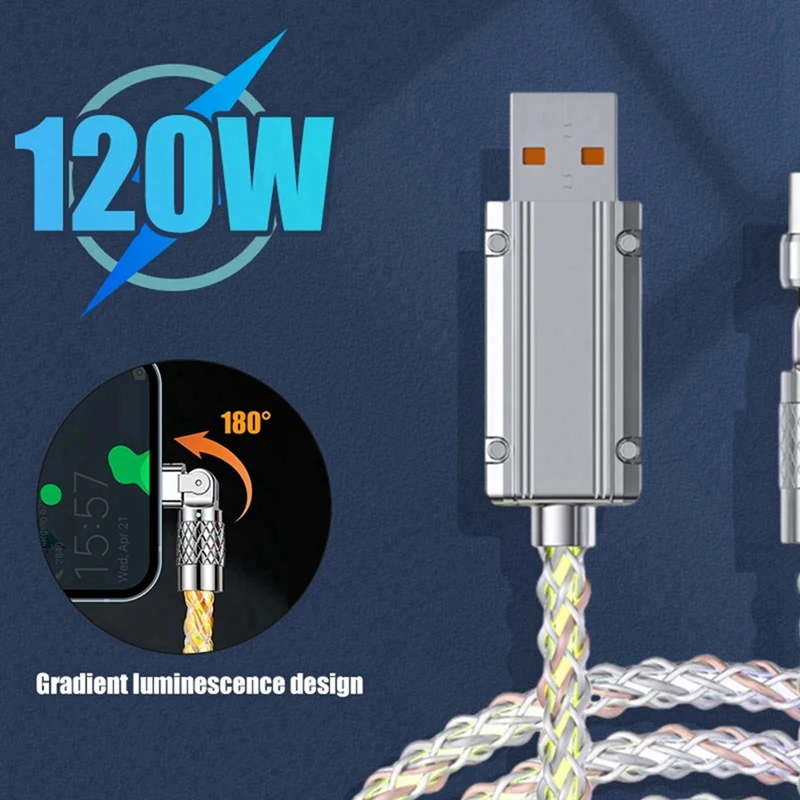 180 °   Girar cabo carregador brilhante rgb 6a 120w cabos de carregamento rápido para cabo de fio do telefone móvel 1m fácil de usar tipo porta c