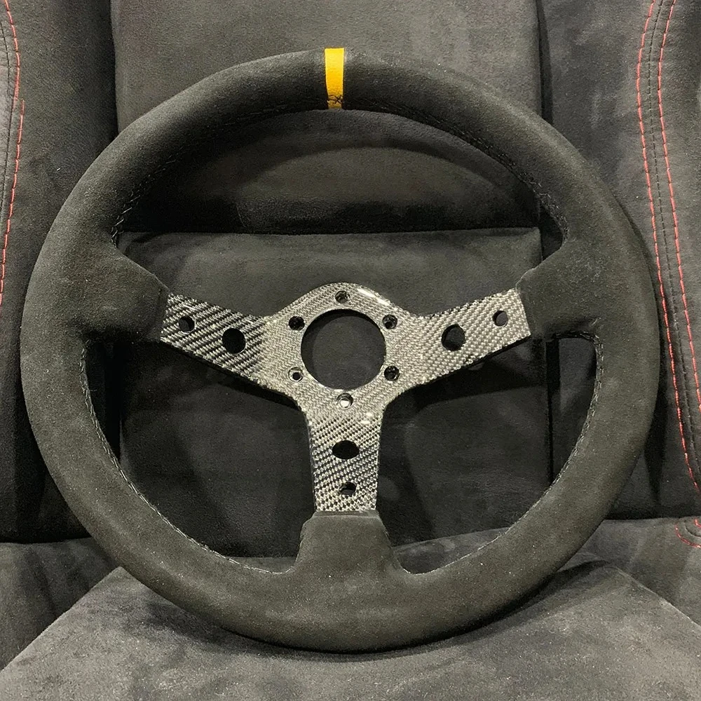 new Spceddy Racing Suede Steering Wheel 14 Inch 350mm Deep Dish Carbon Fiber Steering Wheel Car Universal 6 holes Black