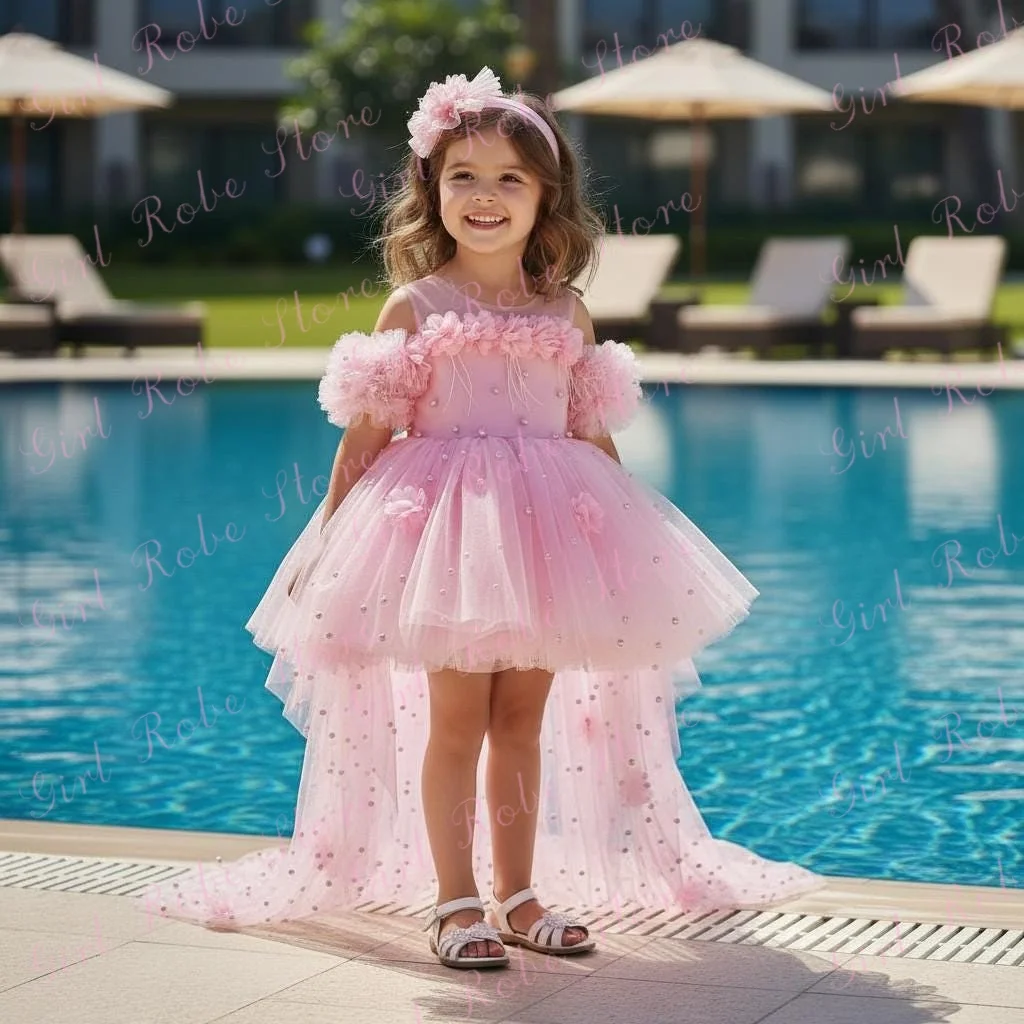 Pink Flower Girl Dress For Wedding Tulle 3D Floral Pearls Off Shoulder With Bow Baby Girls Birthday Party Ball Gown Customized