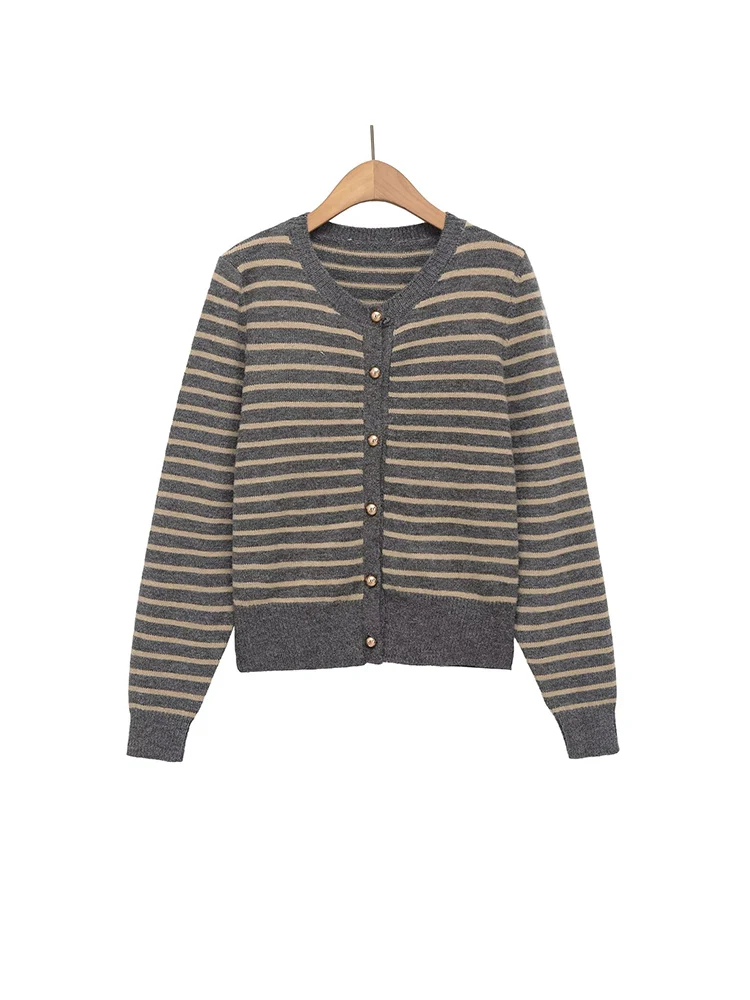 European style new women's fashion versatile temperament striped round neck knitted cardigan sweater jacket