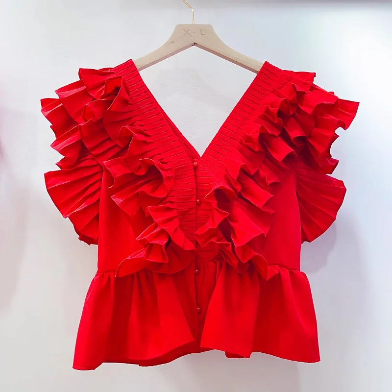 Top Casual Cute Fungus Vietnamese Solid Color Pastoral Ruffle Edge Niche Level White One Size Fits All Black Yellow Exquisite