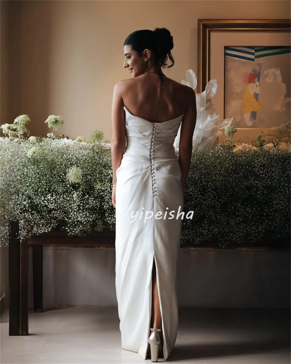 Customized Elegant Simple Button Pleat Straight Strapless Long Dresses Bespoke Occasion Dresses Sizes Available Modern Style