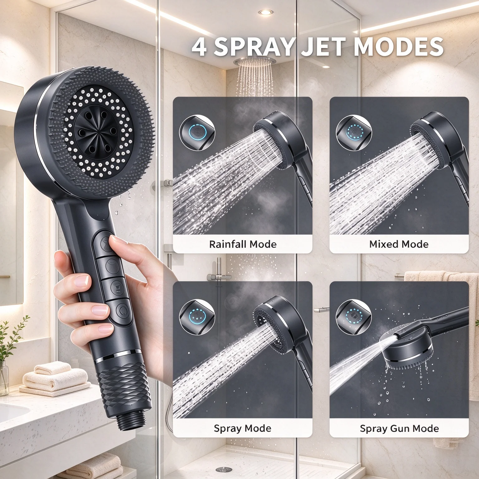 High Pressure 4-Mode ABS Handheld Shower Head Self-Cleaning Nozzles with Massage Silicone Brush Multiple Optional Attachments