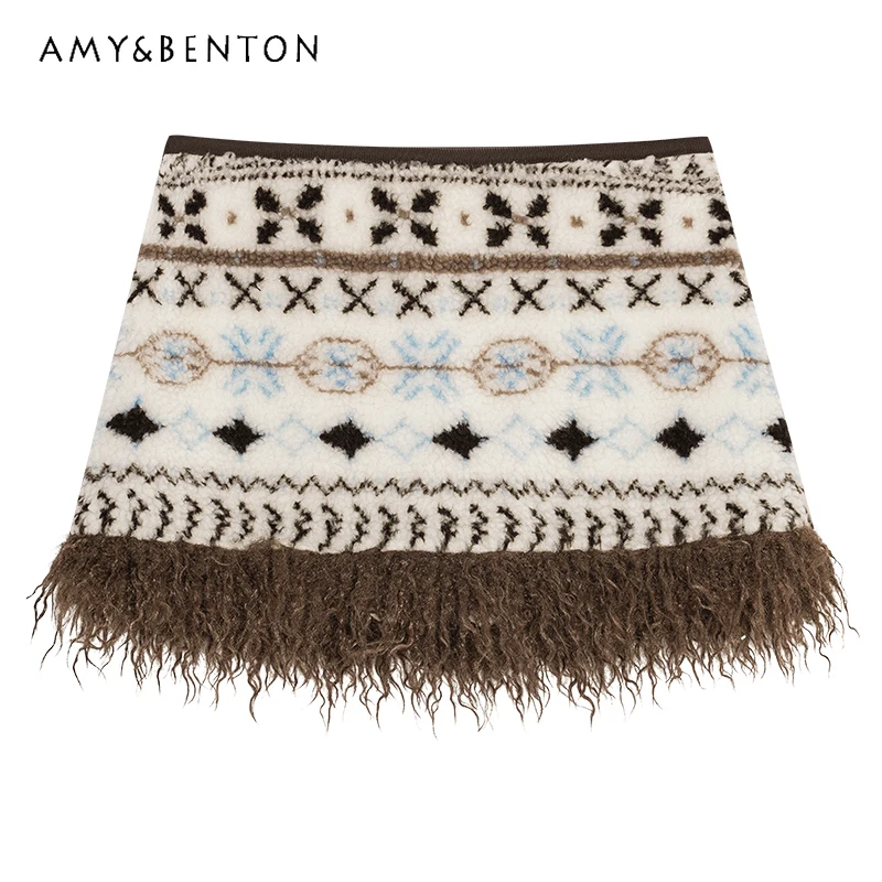 

Original Retro Design Christmas Ethnic Fluffy Women's Short Skirt 2025 Autumn Winter New Sweet Versatile Warm Short Skirts Girl