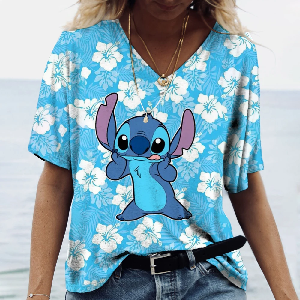 V-neck T-shirt 3D Fashionable Lilo&Stitch Printed Casual Wear Summer Short Sleeved women's Classic Loose And Cute T-shirt Top
