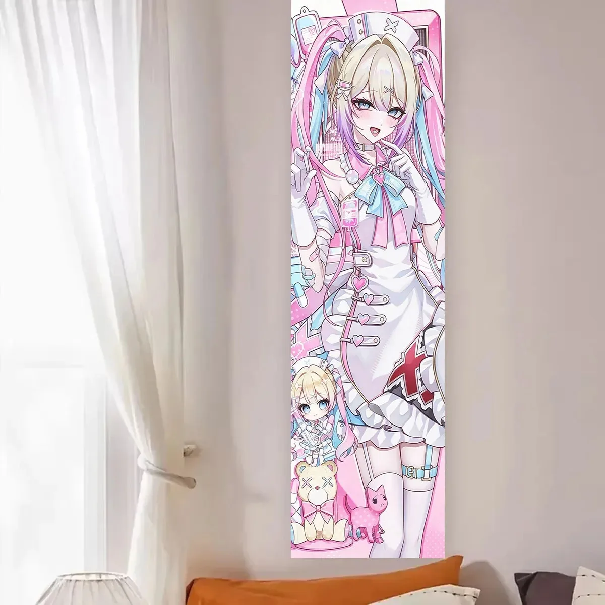 Y2K Kawaii Medical Element Vertical Door Curtain Set, Pink Red Cross Nurse Hat Print Fabric Door Panel, Minimalist Sweet Decor C
