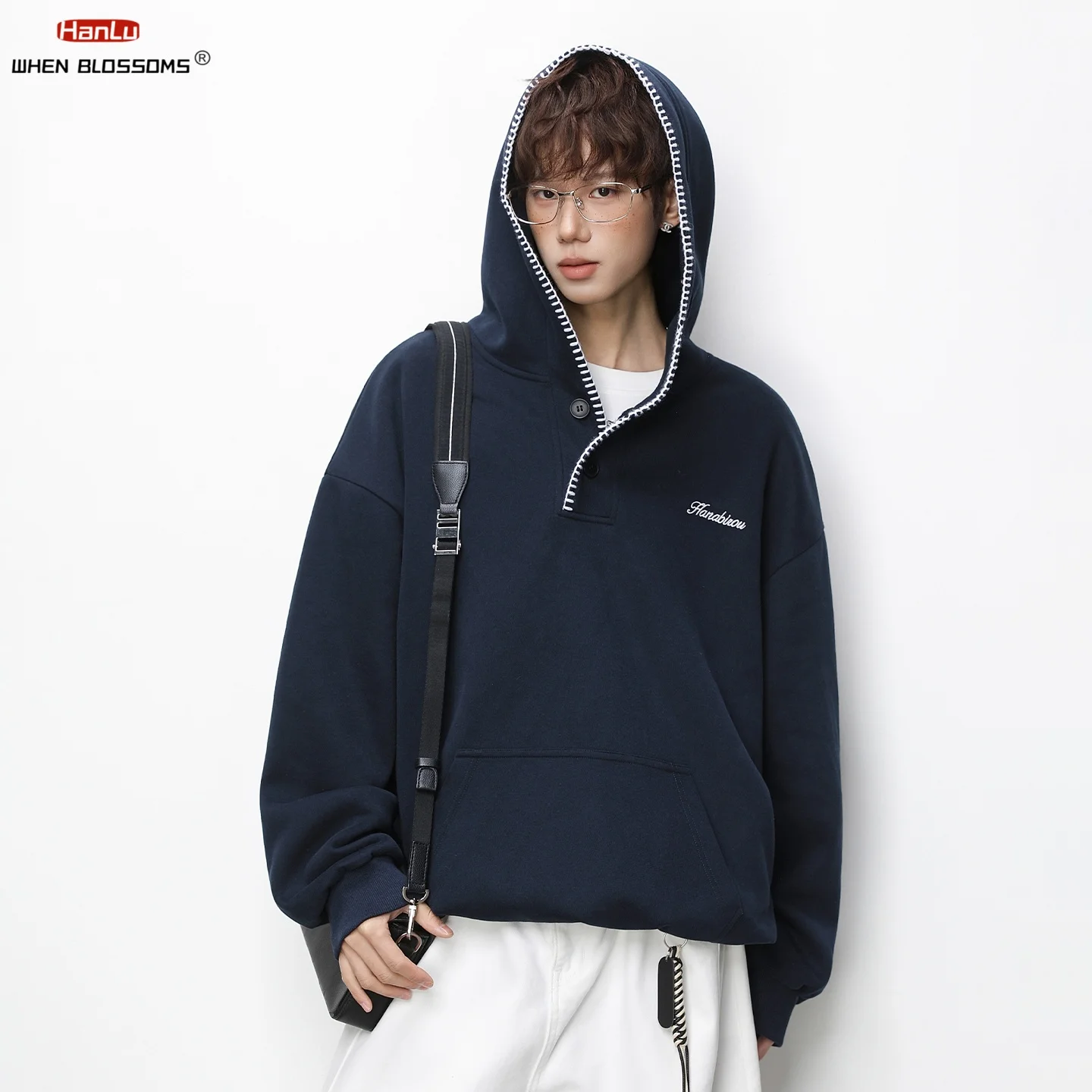 Men's Color Block Hoodie 800GSM Heavyweight Half Zip Pullover Contrast Brim Hood Streetwear Oversized Sweatshirt Jacket