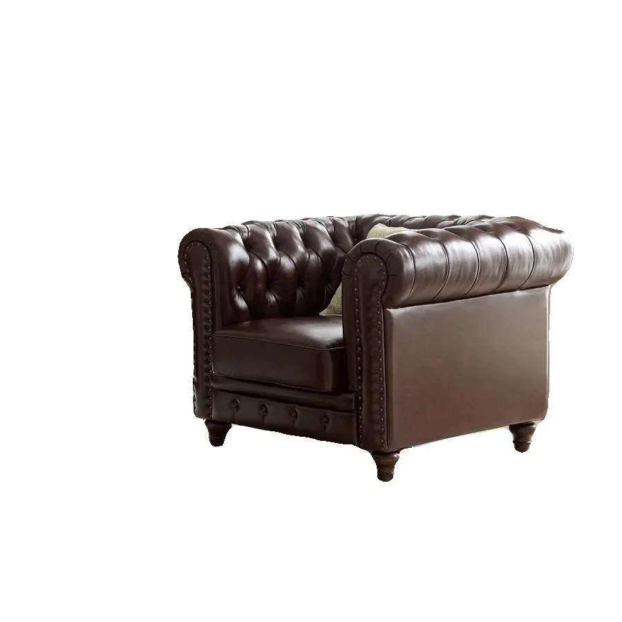 American retro oil wax leather art three-person sofa small apartment living room straight row French light luxury