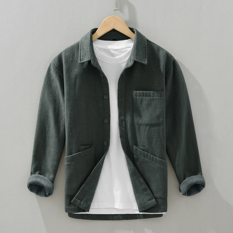 

Winter Men's Casual Linen irt Long Sve Fce Lined Turn-down Collar Cotton Linen Blend Youthful Sle Warmth Insulated