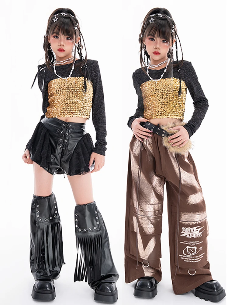 2025 Girls Fashion Jazz Costumes Golden Sequin Vest Lace Shorts Brown Pants Hip Hop Kpop Performance Outfits Stage Wear BL17518
